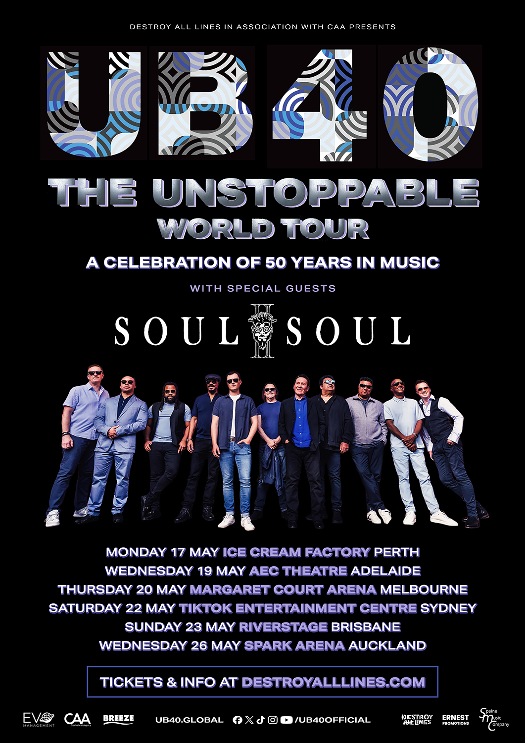UB40 tour poster for The Unstoppable World Tour in Australia & NZ with Soul II Soul, listing dates in Perth, Adelaide, Melbourne, Sydney, Brisbane, Auckland.